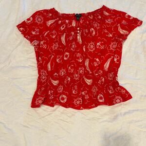 Ralph Lauren Lauren Jeans Co Red Nautical Smocked Peasant Top XL Cotton